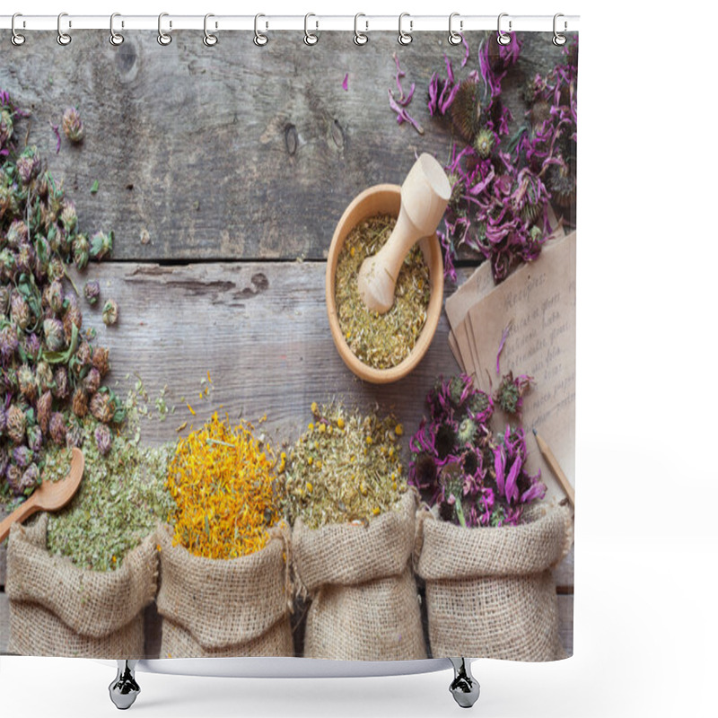 Personality  Healing Herbs In Hessian Bags, Wooden Mortar And Recipes, Herbal Shower Curtains