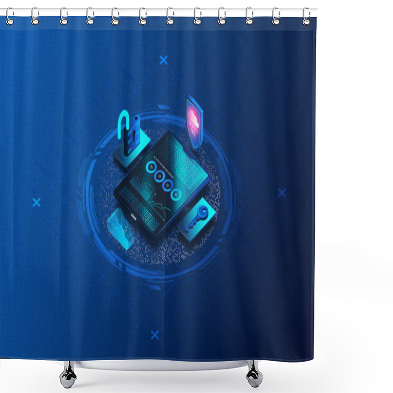 Personality  Data Security Concept - Practice Of Protecting Digital Information From Unauthorized Access Throughout Its Lifecycle - 3D Illustration Shower Curtains