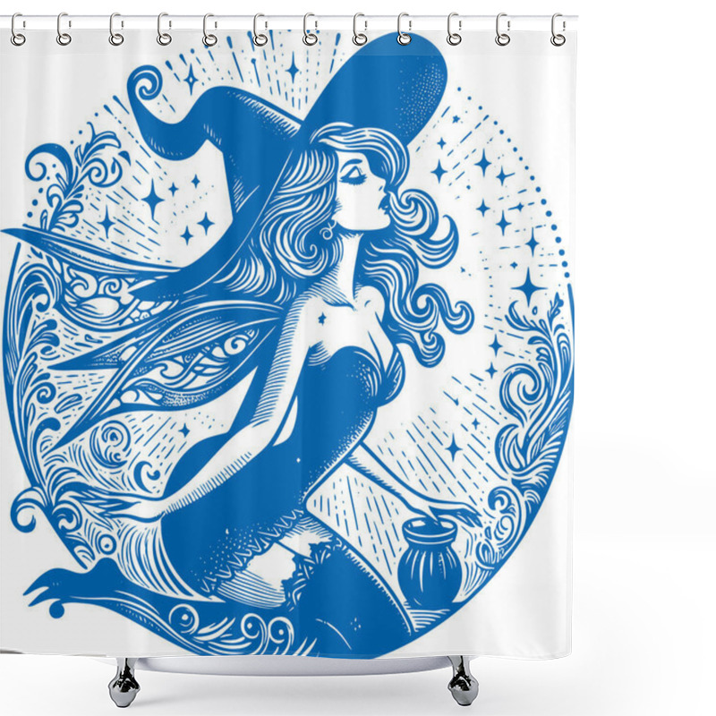 Personality  Enchanting Witch In Detailed Blue Engraving Style Shower Curtains