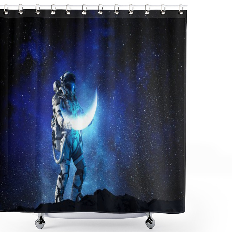 Personality  Spaceman Carrying His Mission. Mixed Media Shower Curtains