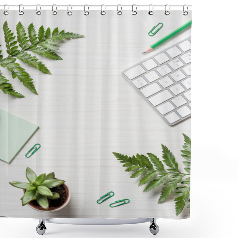 Personality  Top View Of Fern Leaves, Stationery And Computer Keyboard On Table  Shower Curtains