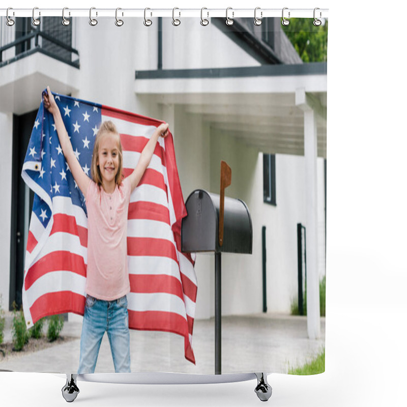 Personality  Happy Kid Standing And Holding American Flag Near Mail Box And House  Shower Curtains