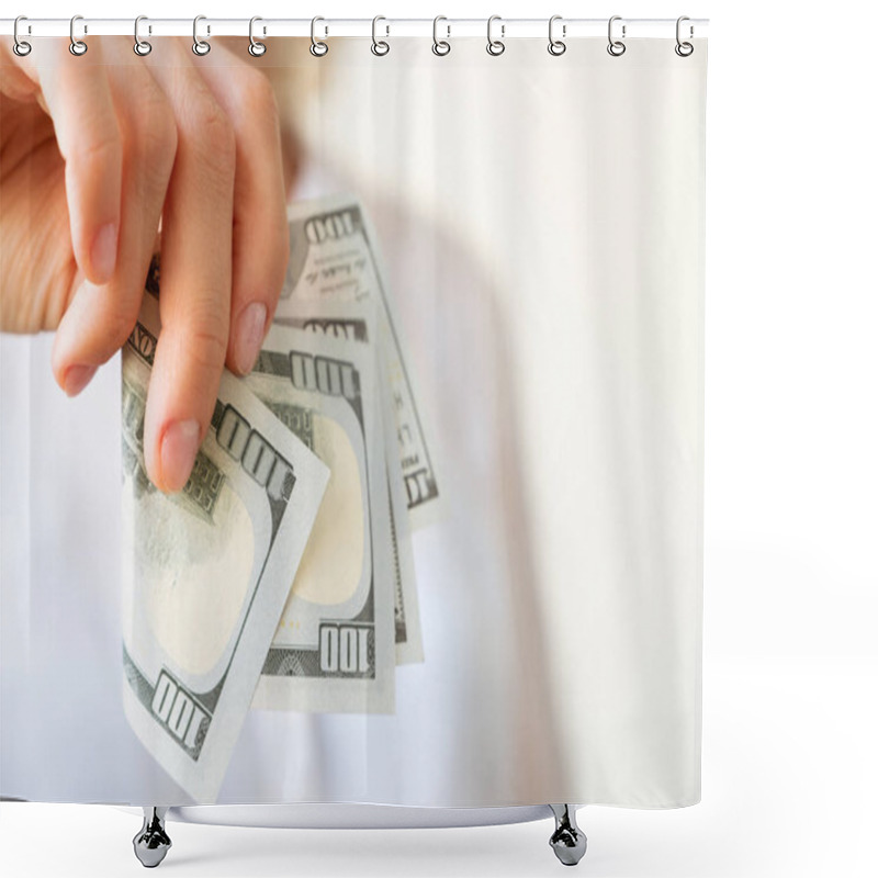 Personality  Woman's Hand Is Holding Two Hundreds Of Dollars, Neutral Background Shower Curtains