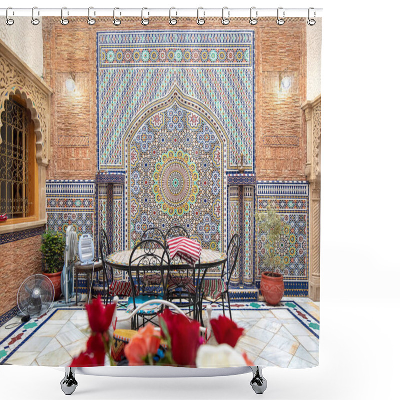 Personality  Rabat, Morocco - June 21, 2019: Inner Courtyard With Tiled Walls And Floor From Mosaic. Traditional Ornate And Colorful Arabesque Wall Carvings Above An Archway In Moroccan Riad . Inside Interior Shower Curtains