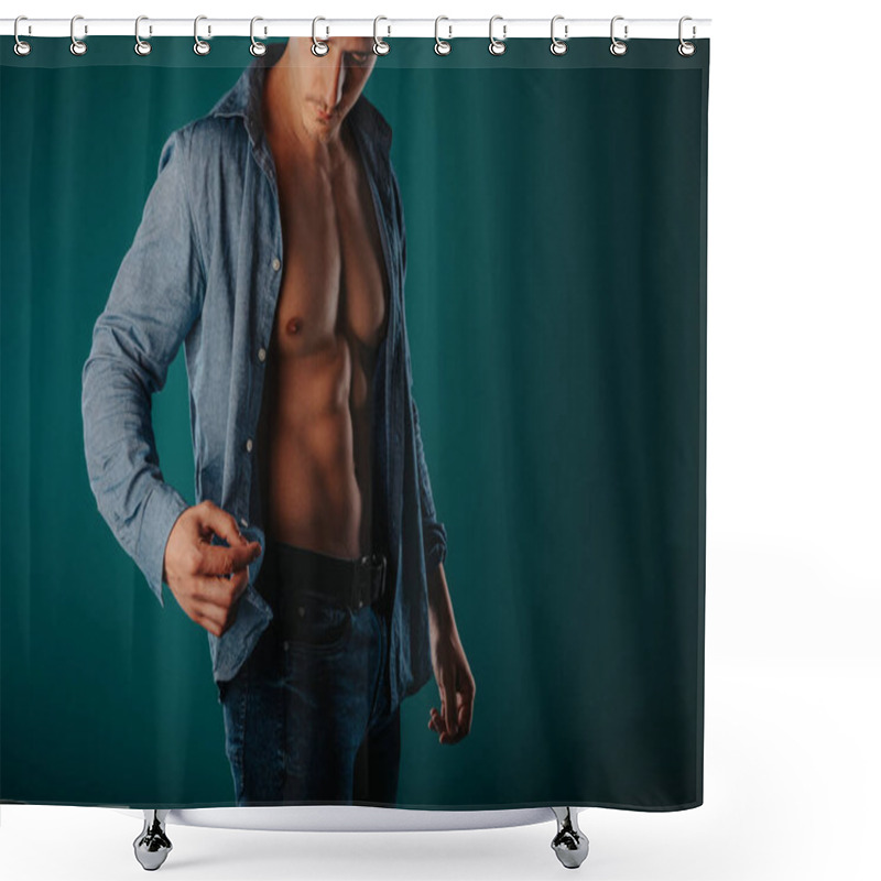 Personality  Stunning And Muscular Man Standing In A Green Room And Posing Shower Curtains