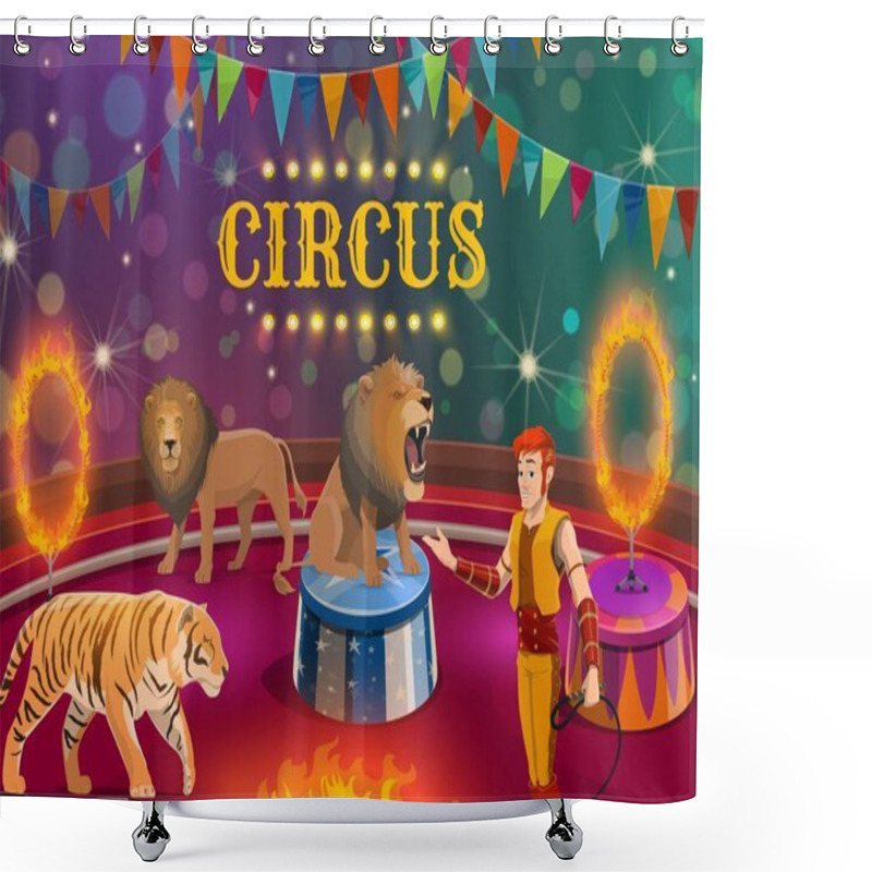 Personality  Lion And Tiger Tamer Performing On Circus Arena Shower Curtains