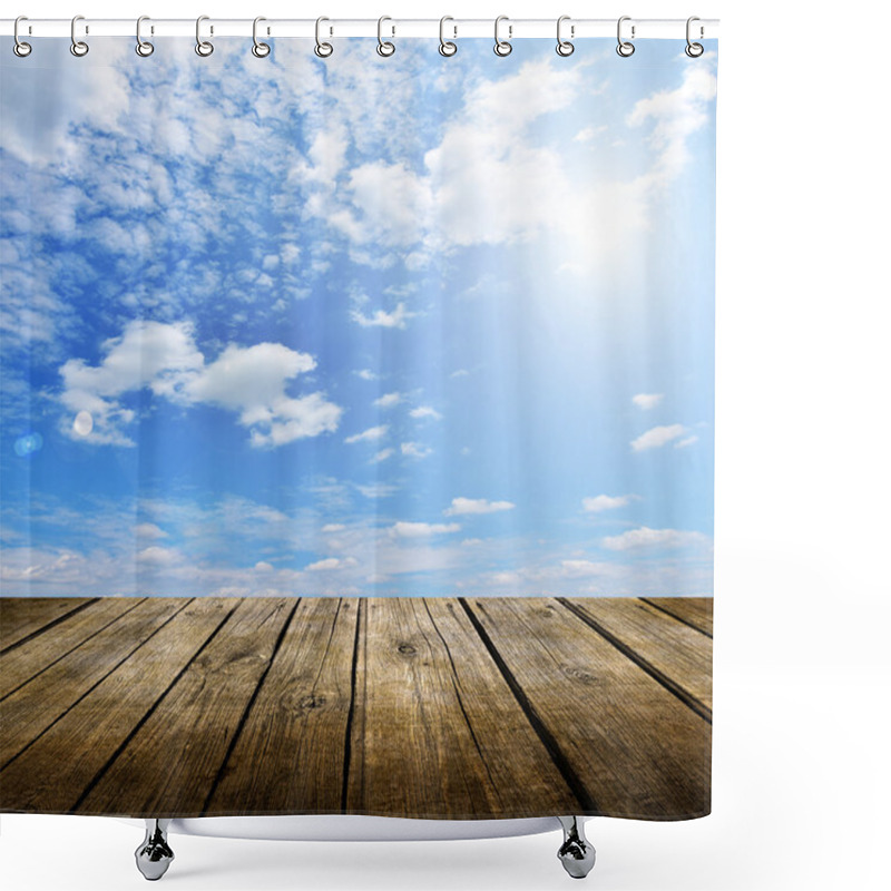 Personality  Empty Wooden Deck Table With Blue Sky In Background Shower Curtains