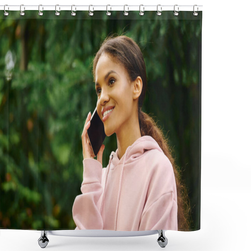 Personality  A Young Woman Embraces The Autumn Vibe, Smiling And Chatting On Her Phone During Her Forest Hike. Shower Curtains