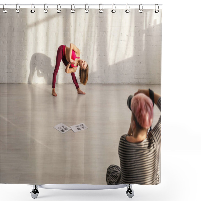 Personality  Selective Focus Of Sportive Woman With Barefoot Doing Yoga Exercise Near Photographer  Shower Curtains