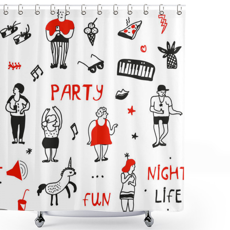 Personality  Party Seamless Pattern In Doodle Style, Vector Graphic Illustration Shower Curtains