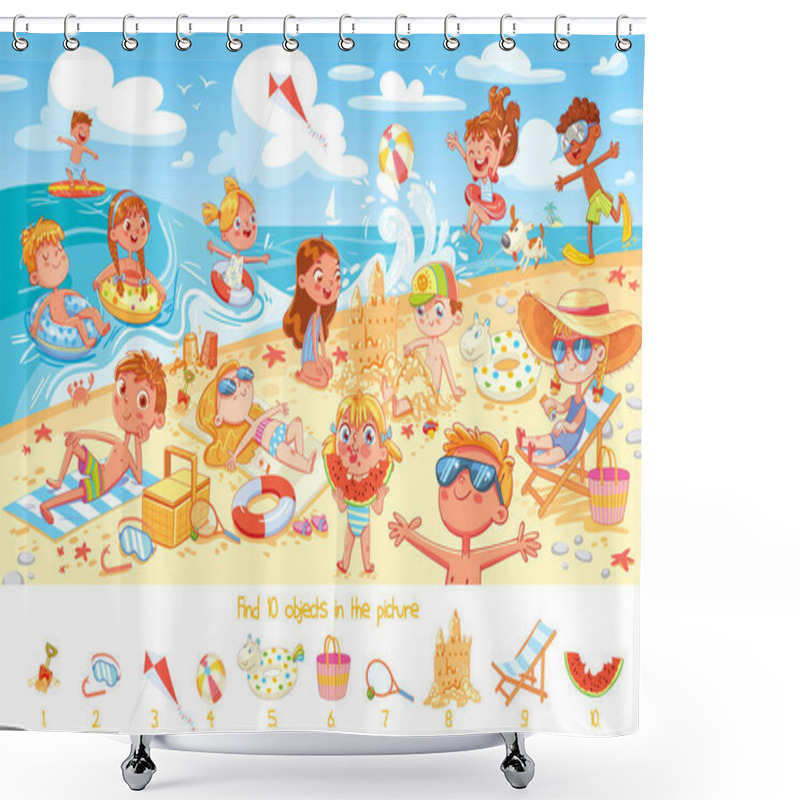 Personality  Find 10 Objects In The Picture. Puzzle Hidden Items. Group Of Kids Having Fun On Beach. Child Swimming With Inflatable Rubber Circle And Flippers, Sunbathe On The Beach, Build Sand Castle. Funny Cartoon Character. Vector Illustration Shower Curtains