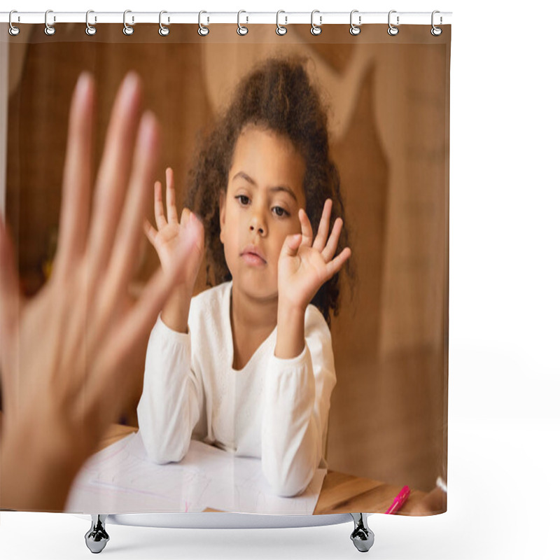 Personality  Cropped Image Of Educator Teaching African American Kid Numbers In Kindergarten Shower Curtains