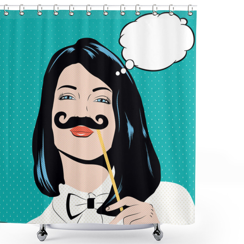 Personality  Pop Art Illustration With Girl Holding Mustache. Shower Curtains