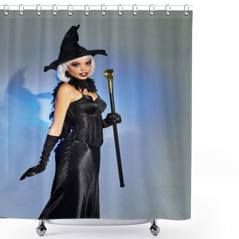 Personality  This Stunning Young Woman Displays An Elegant Witch Costume, Perfect For Halloween Festivities. Shower Curtains