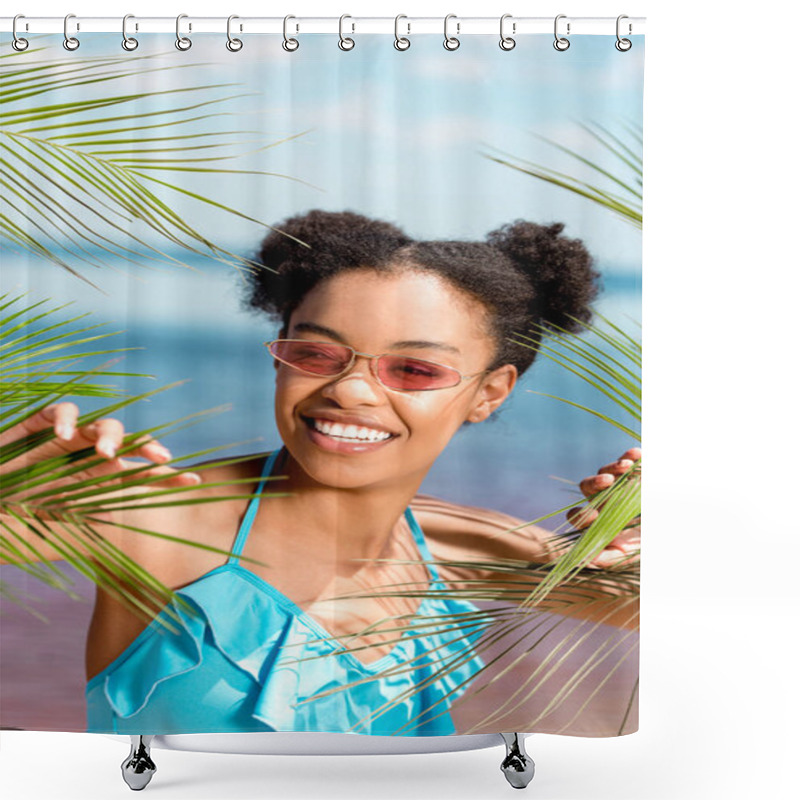 Personality  Smiling African American Woman In Sunglasses Near Palm Leaves In Front Of Sea Shower Curtains