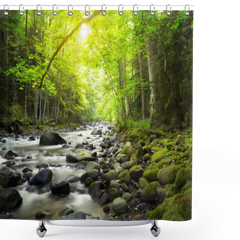 Personality  Mountain River In The Wood Shower Curtains