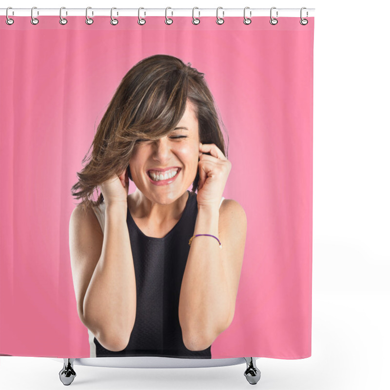 Personality  Young Pretty Woman Covering Her Ears Over Pink Background  Shower Curtains