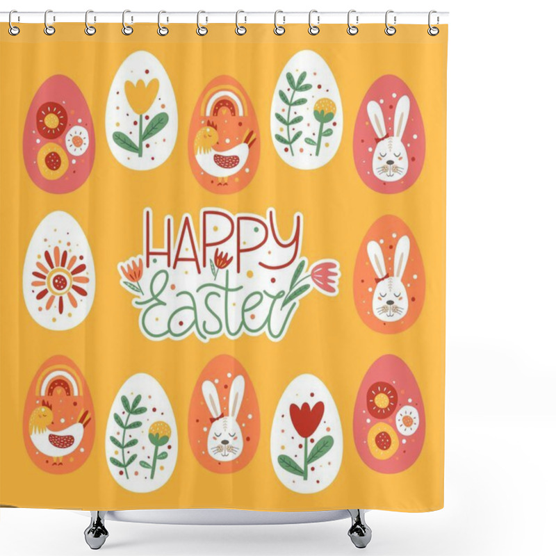 Personality  Happy Easter Postcard Template. Vector Cartoon Illustration. Shower Curtains