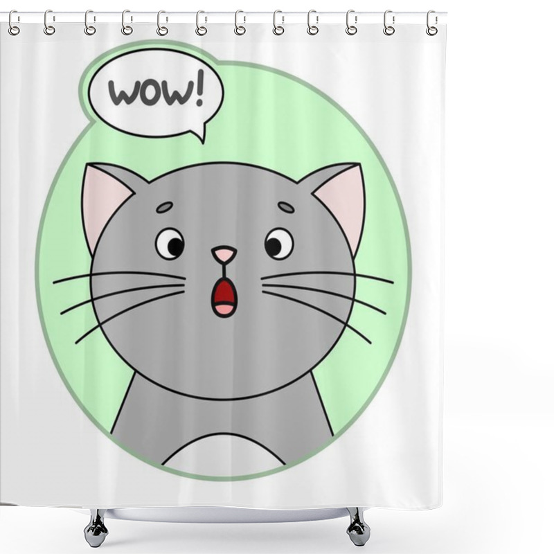 Personality  Cute Surprised Cat, Round Icon, Emoji. Gray Cat With Whiskers, Mouth Open With Surprise, Large Round Eyes, Says Wow. Vector Image Isolated On A White Background. Shower Curtains