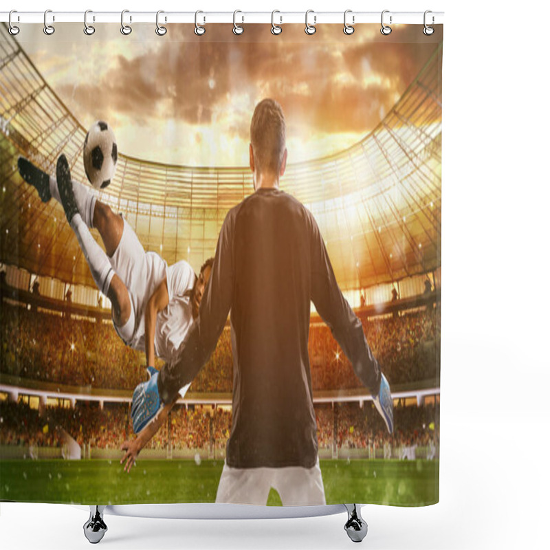 Personality  Soccer Striker Hits The Ball With An Acrobatic Kick In The Air At The Stadium Shower Curtains