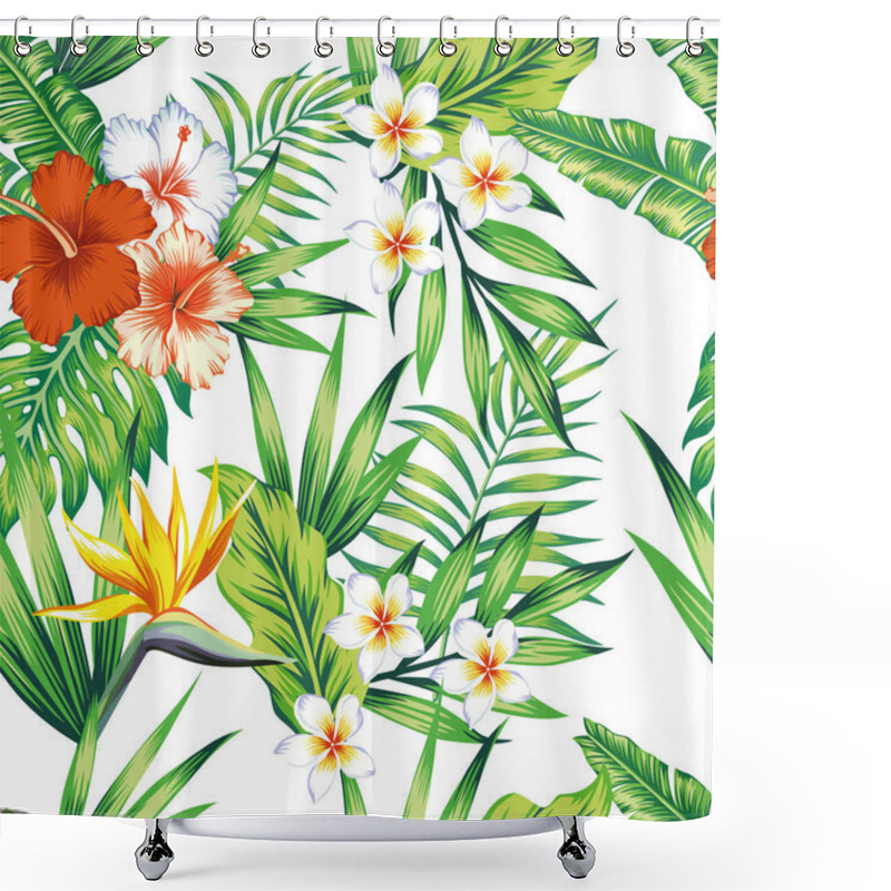 Personality  Tropical Plants Seamless Pattern White Background Shower Curtains