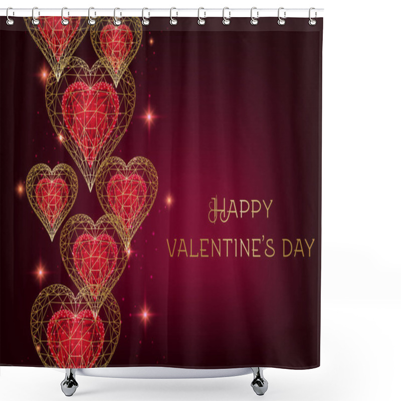 Personality  Valentines Day Banner With Shiny Low Polygonal Golden And Red Hearts, Stars On Burgundy Background. Shower Curtains