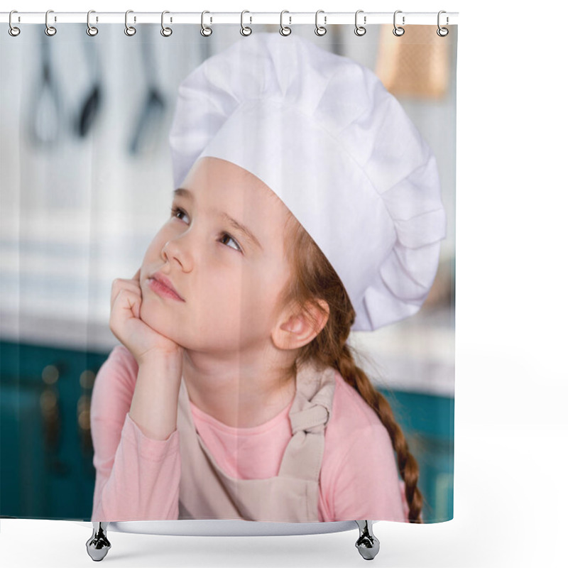 Personality  Pensive Little Child In Chef Hat Holding Hand On Chin And Looking Away In Kitchen Shower Curtains