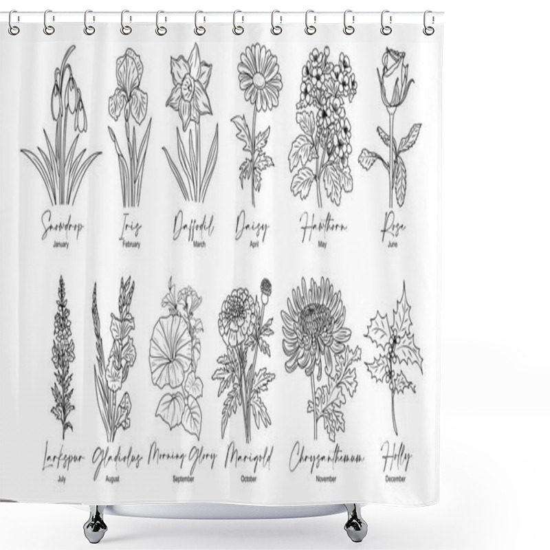 Personality  Set Of Flower Line Art Vector Illustrations. Snowdrop, Daffodil, Larkspur, Rose, Daisy, Hawthorn, Chrysanthemum, Iris Hand Drawn Black Ink Illustrations. Birth Month Flowers For Jewelry, Tattoo, Logo. Shower Curtains