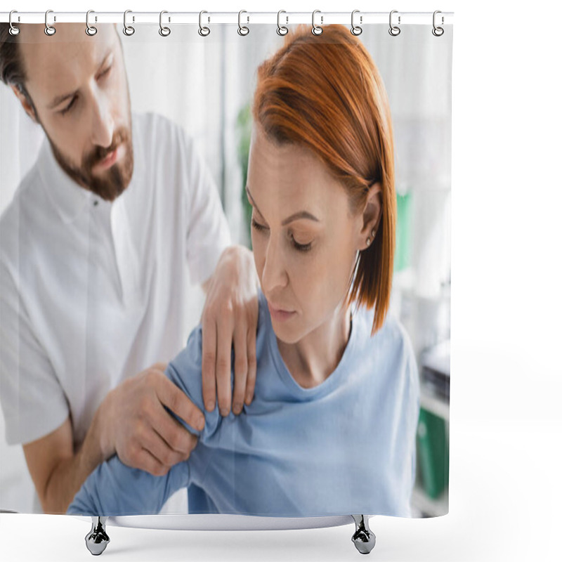 Personality  Physiotherapist Touching Injured Shoulder Of Redhead Woman During Diagnostics In Consulting Room Shower Curtains