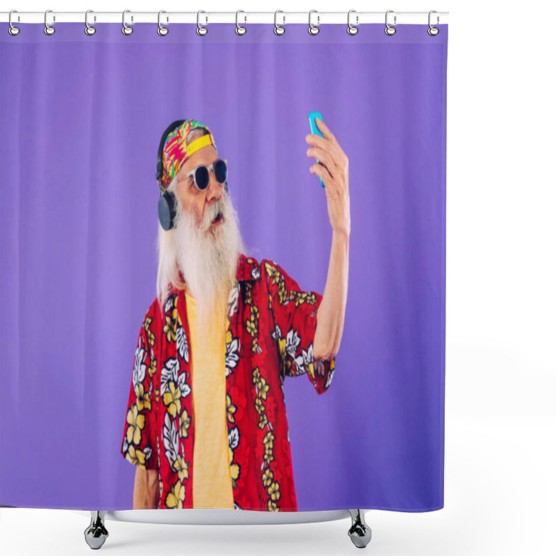 Personality  Senior Man With Eccentric Look  - 60 Years Old Man Having Fun, Portrait On Colored Background, Concepts About Youthful Senior People And Lifestyle Shower Curtains