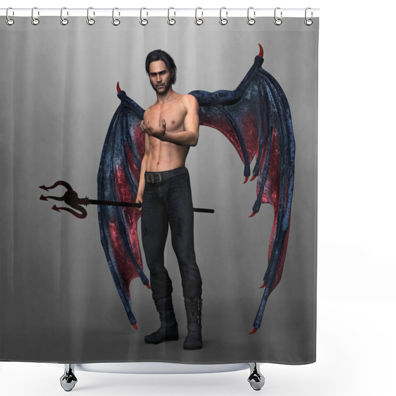 Personality  Handsome Dark Demon Or Angel Holding A Pitchfork Looking At His Outstretched Hand. One Of A Series. Rendered In A Softer Style Suited To Illustration And Book Cover Art And Design. Shower Curtains