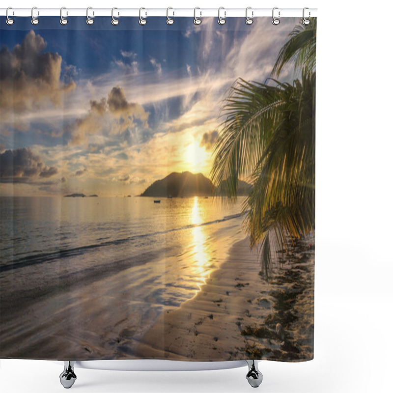 Personality  Beautiful Beach With Palm Tree At Seychelles On Praslin Island Shower Curtains