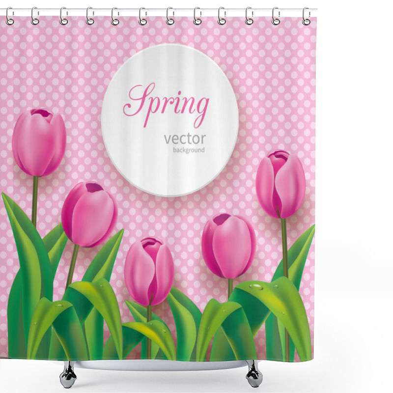 Personality  Pink Tulips On Polka Dots Background Shower Curtains