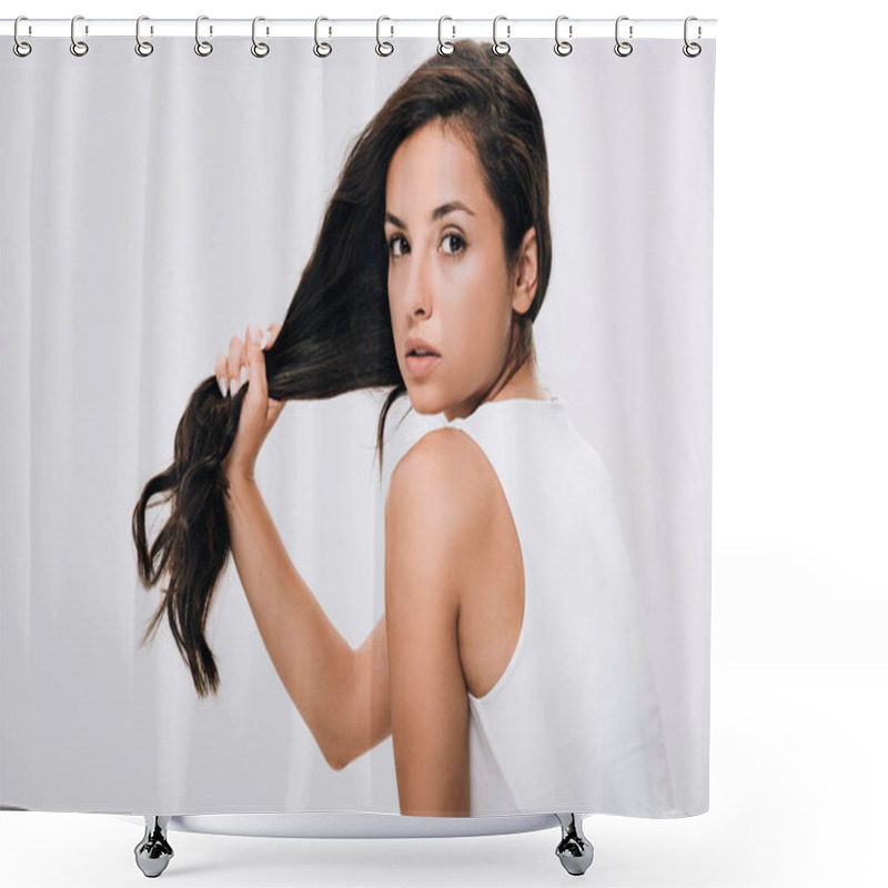 Personality  Brunette Beautiful Woman Holding Long Healthy And Shiny Hair Isolated On Grey Shower Curtains