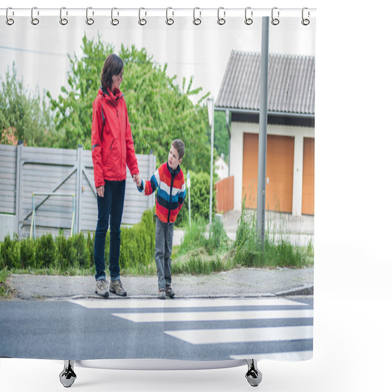 Personality  Mother And Son By The Crosswalk Shower Curtains