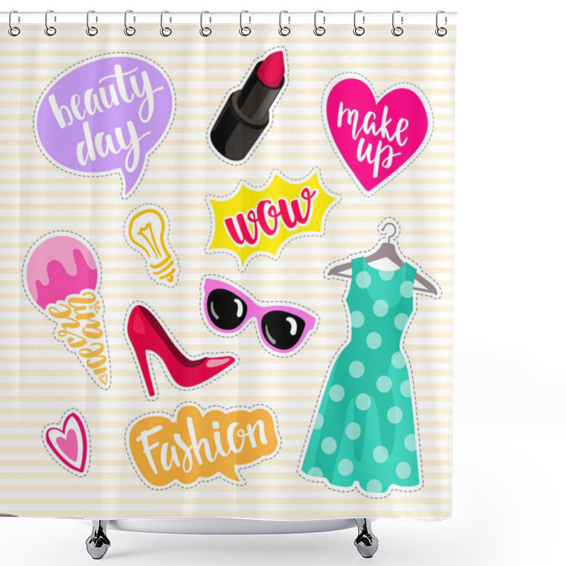 Personality  Set Of Fashion Elements In Patch Style. Hearts, Lipstick, Ice Cr Shower Curtains