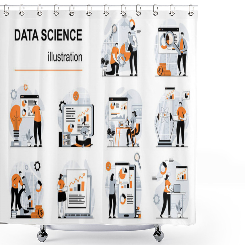 Personality  Data Science Concept With People Scenes Set In Flat Design. Women And Men Analyzing Information, Scientist Working With Databases At Graphs. Vector Illustration Visual Stories Collection For Web Shower Curtains