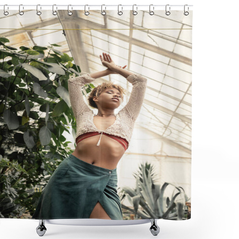 Personality  Low Angle View Of Young African American Woman In Stylish Knitted Top And Skirt Posing With Standing With Closed Eyes Near Green Plants In Orangery, Stylish Woman With Tropical Backdrop Shower Curtains