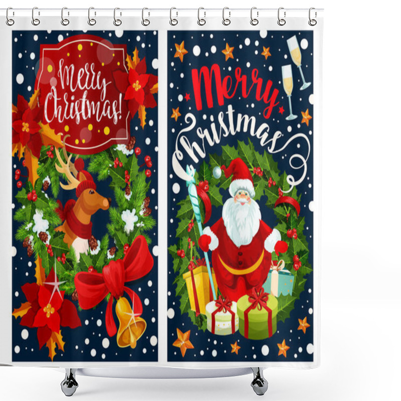 Personality  Santa And Reindeer Greeting Card With Wreath Frame Shower Curtains