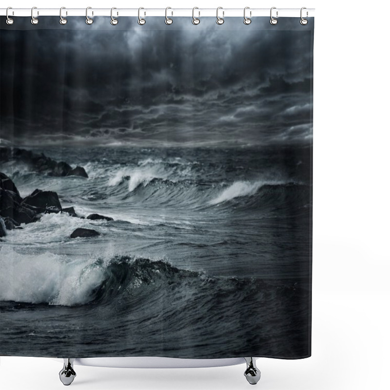 Personality  Dark Stormy Sky Over Ocean With Big Waves Shower Curtains