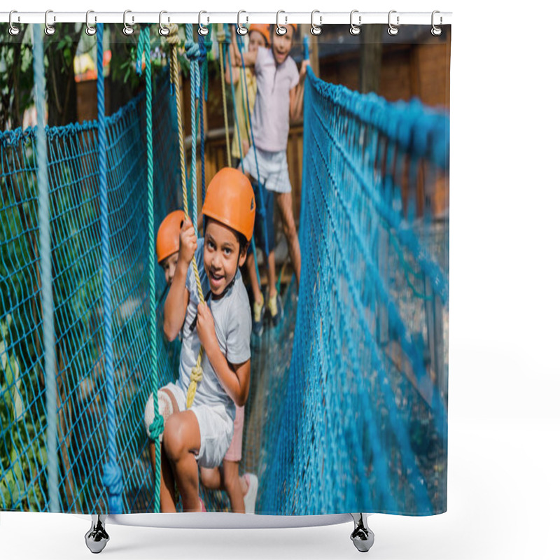 Personality  Selective Focus Of Smiling African American Kid In Helmet Climbing With Friends  Shower Curtains