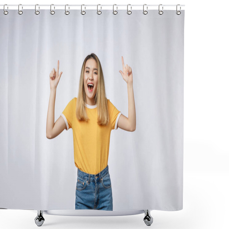 Personality  Beautiful Young Asian Woman Pointing Her Finger Up With Cheerful Expression, On White Background. Shower Curtains