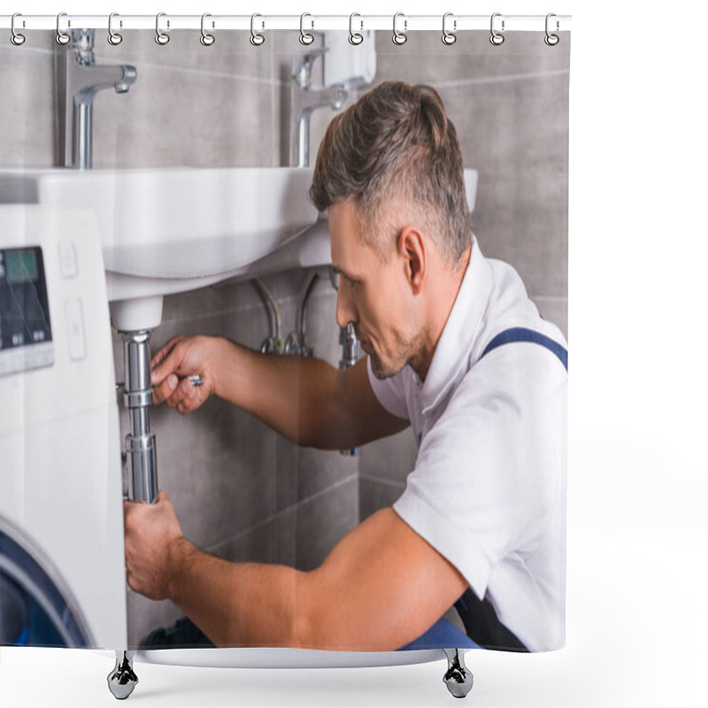 Personality  Adult Plumber Fixing Sink At Bathroom Shower Curtains