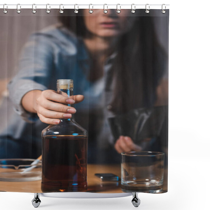 Personality  Partial View Of Alcoholic Woman Taking Bottle Of Whiskey From Table, Blurred Background Shower Curtains