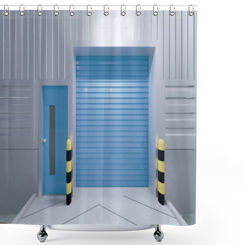 Personality  3d Rendering Of Hangar Building Exterior And Shutter Door And Paver Brick Floor At Night Time. Shower Curtains