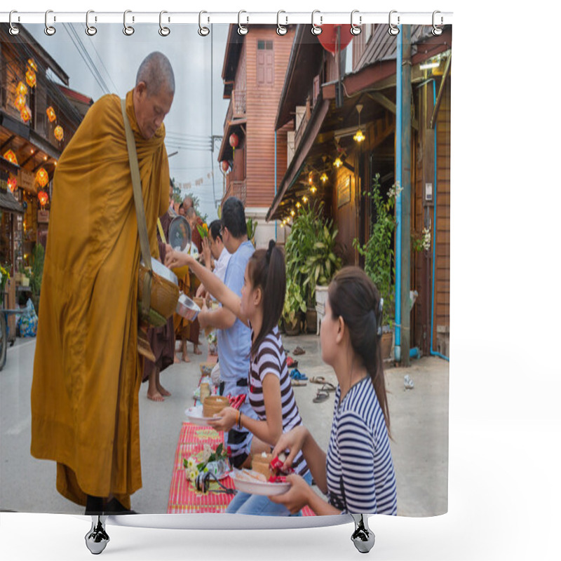 Personality  People Put Food Offerings In A Buddhist Monk's Alms Bowl For Goo Shower Curtains