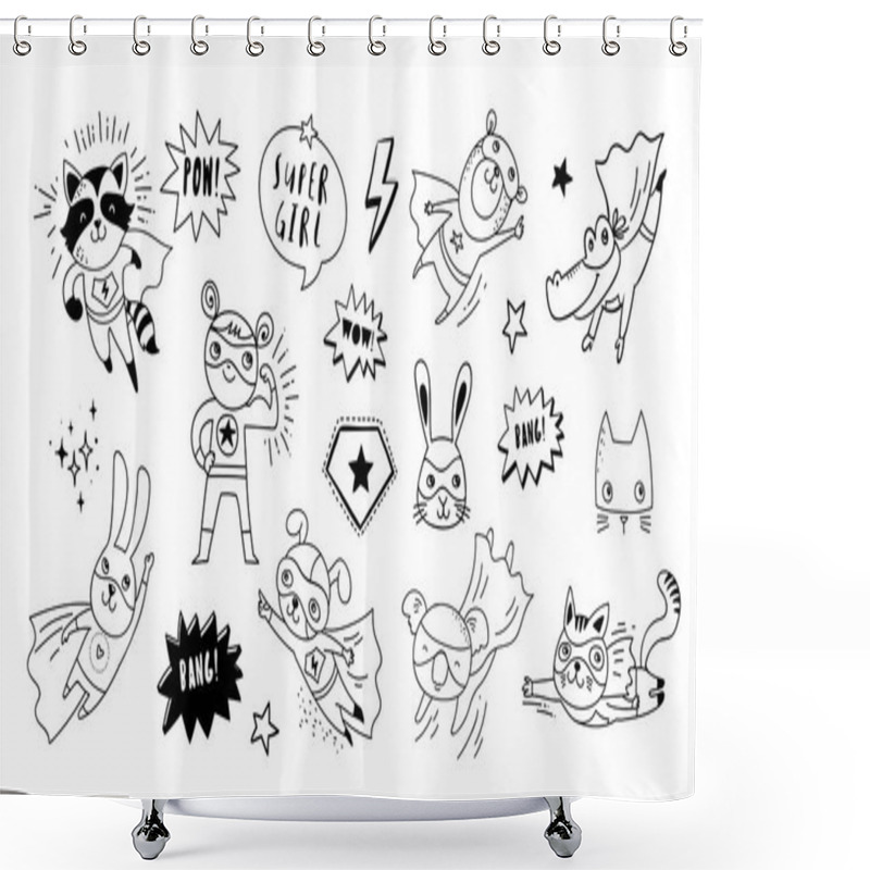 Personality  Superhero Cute Hand Drawn Animals, Cat, Dog, Panda, Bear And Crocodile Vector Characters Shower Curtains