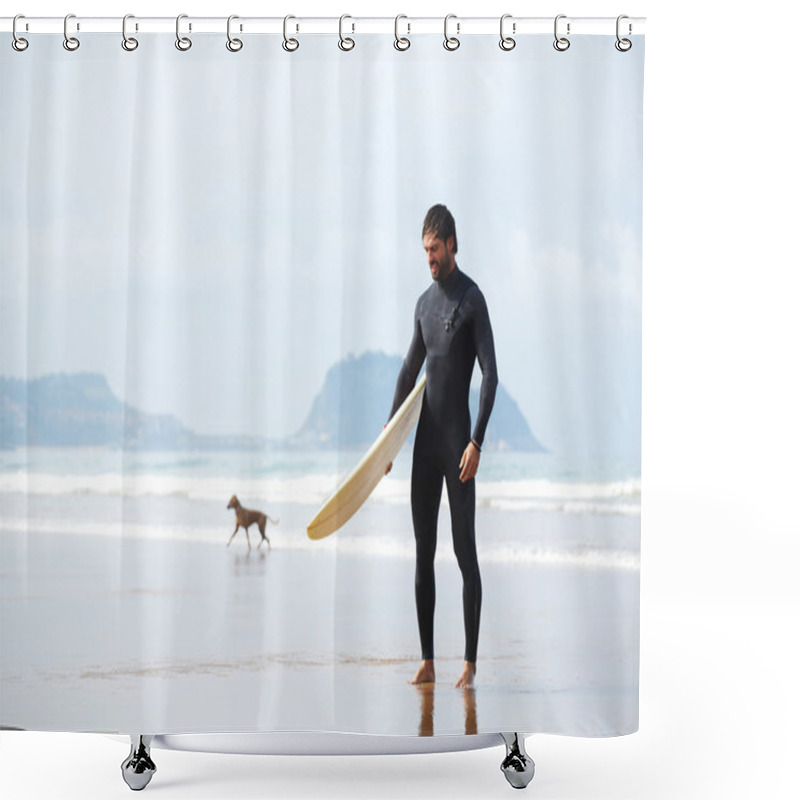 Personality  Attractive Young Surfer Holding Surfboard While Standing On The Beach Looking At Ocean To Find The Perfect Spot To Go Surfing Waves,professional Surfer With Surf Board Looking At Ocean, Filtered Image Shower Curtains