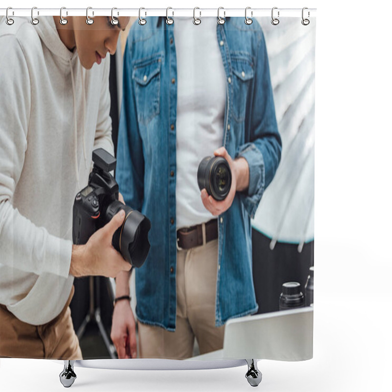 Personality  Cropped View Of Art Director Holding Photo Lens Near Photographer  Shower Curtains