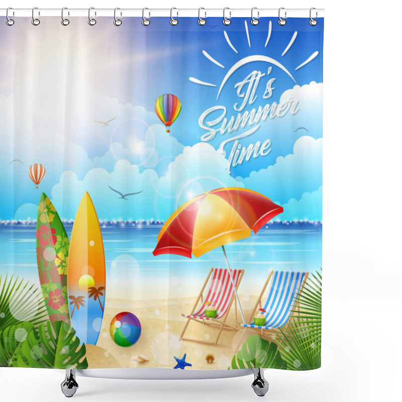 Personality  Beautiful Tropical Beach With Surfboard, Chair, And Umbrella Shower Curtains